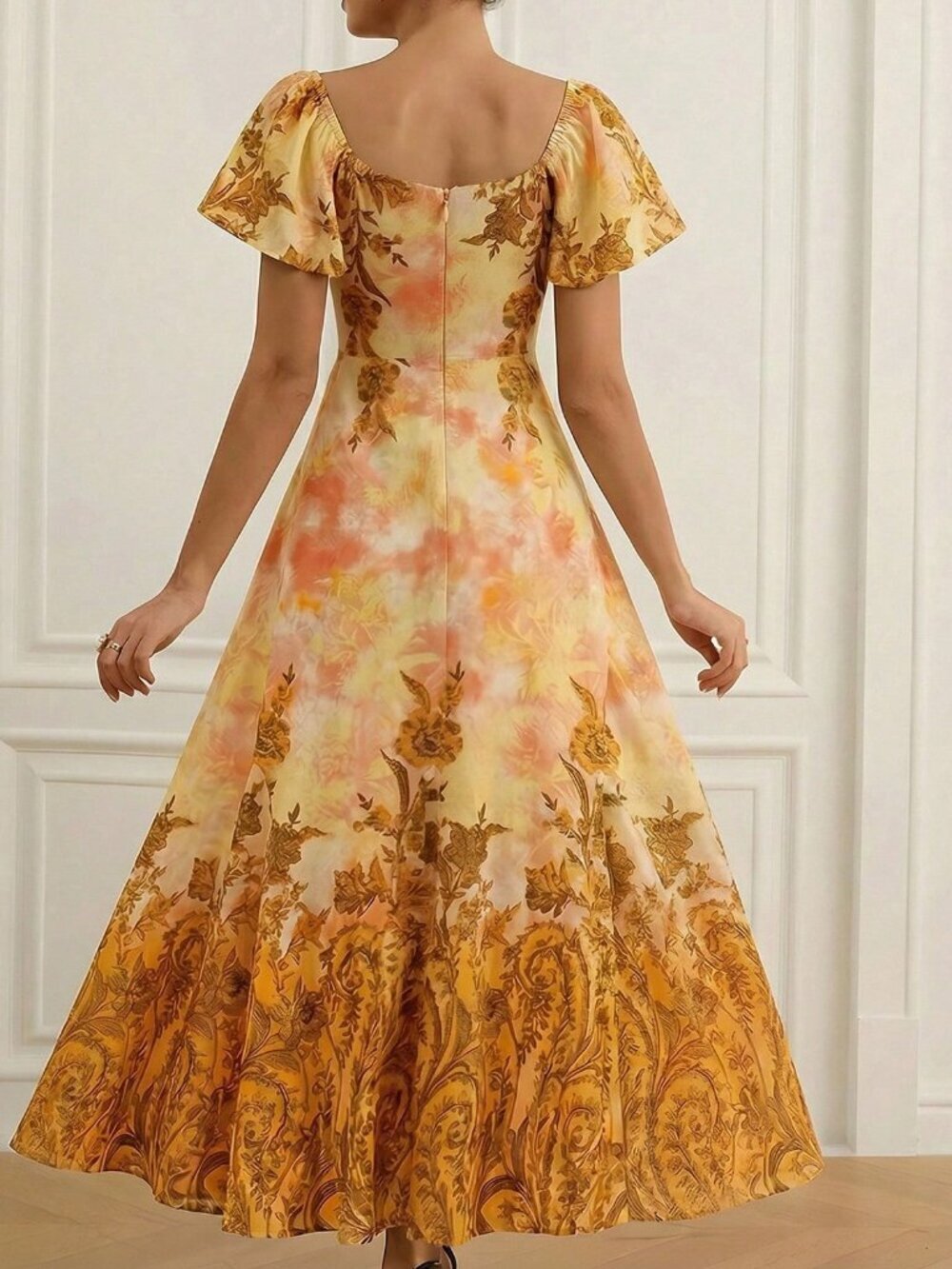 Orange Elegant Women's Floral Print Cap Sleeve Flared Hem Dress - Picture 2 of 7